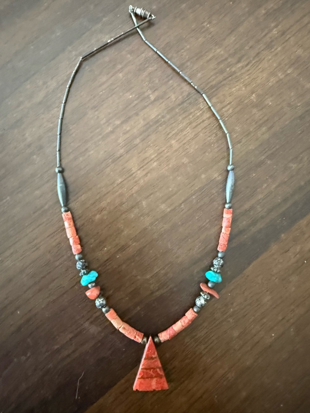 Turquoise and Coral Pyramid Pendant Necklace - Women Jewelry